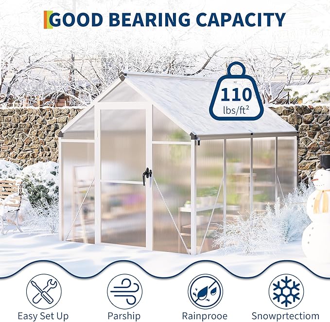 6x8 FT Greenhouse for Outdoors, Polycarbonate Flower Greenhouse with Roof Vent, Push-Pull Lockable Door, Aluminum Walk-in Greenhouses for Outside Garden Backyard, Patio, Lawn, Silver