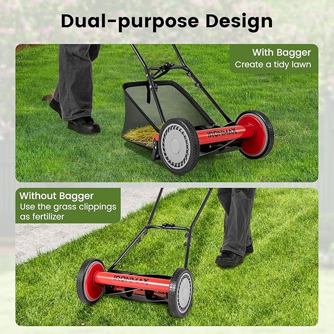 Goplus Manual Lawn Mower, 16 Inch 5-Blade Walk-Behind Cordless Grass Cutter with 7 Gallon Removable Grass Collect Bag, Adjustable Cutting Heights, Push Reel Lawn Mower for Yard, Garden