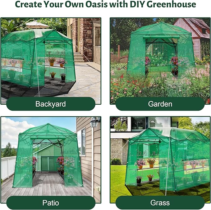 8.5 x 7 FT Walk-in Greenhouse, Portable Pop-up Green House 3 Adjustable Hights Heavy Duty Plant Gardening Canopy with Durable PE Cover for Indoor Outdoor (Clear and Green)