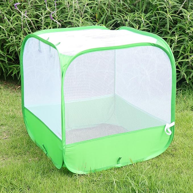 Mesh Plant Cover for Outdoor, Plant Netting Protector Garden Cover Cloche for Fruit, Vegetables, Strawberry, Flowers and Herbs Pop-Up Cage with 4 Stakes (White with Green, 19.7" x 19.7" x 19.7")