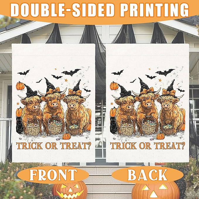 Trick or Treat Halloween Garden Flag for Outside, 12x18 Inch Double Sided Halloween Highland Cow Pumpkin Yard Flag, Farmhouse Small Yard Flags for Outdoor Decorations, Holiday Decor Gifts-A09
