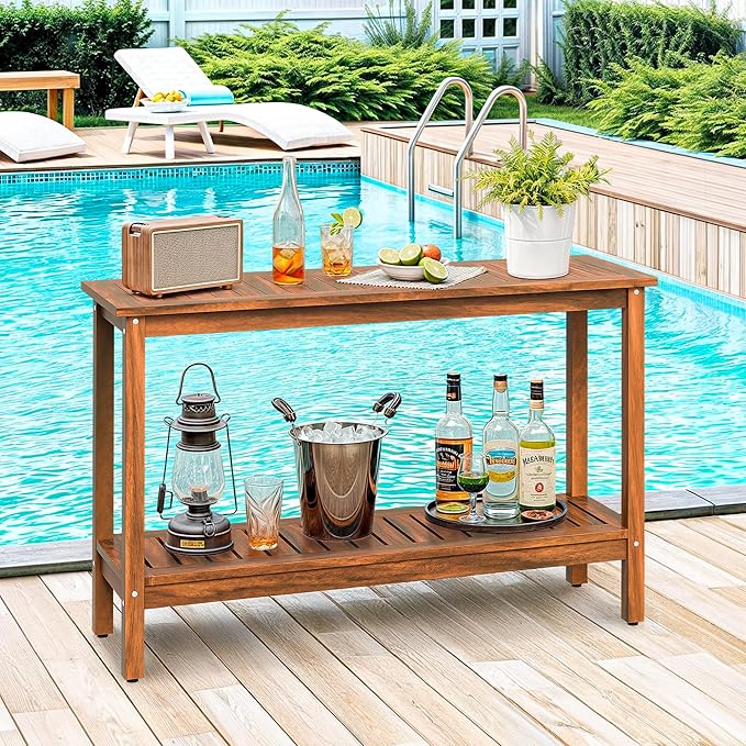 SUPER DEAL Patio Console Table, Outdoor Solid Wood Side Table Multifunctional Buffet Bar Storage Organizer with Foot Sliders, 48in 2-Shelf, Natural
