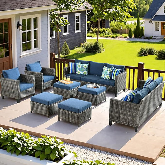 ovios Patio Furniture Set, 8 Pieces Outdoor Wicker Sofa Couch with Chairs, Ottomans and Comfy Cushions, All Weather High Back Rattan Conversation Set, Denim Blue