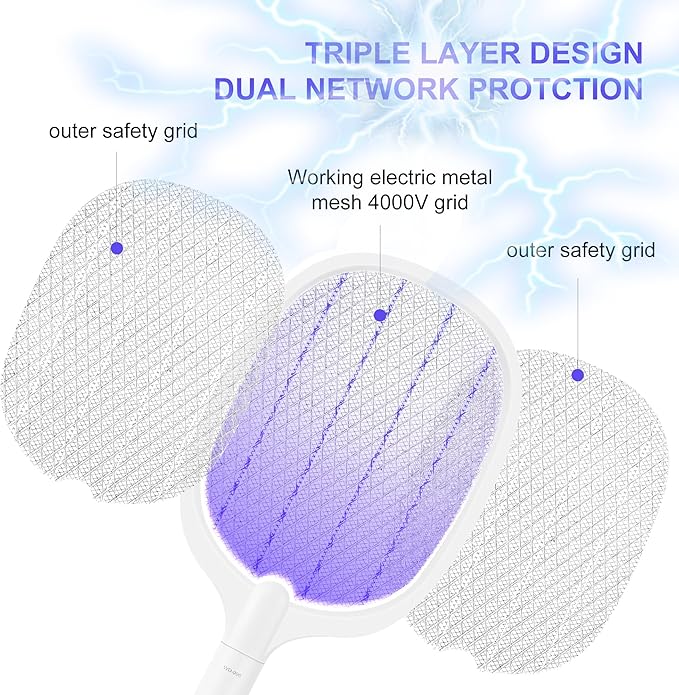 Electric Fly Swatter Racket, 4000V Bug Zapper Racket Rechargeable Fly Zapper Dual Modes Mosquito Swatter Portable with Purple Light & 3-Layer Safety Nets for Indoor & Outdoor, 2 Pack