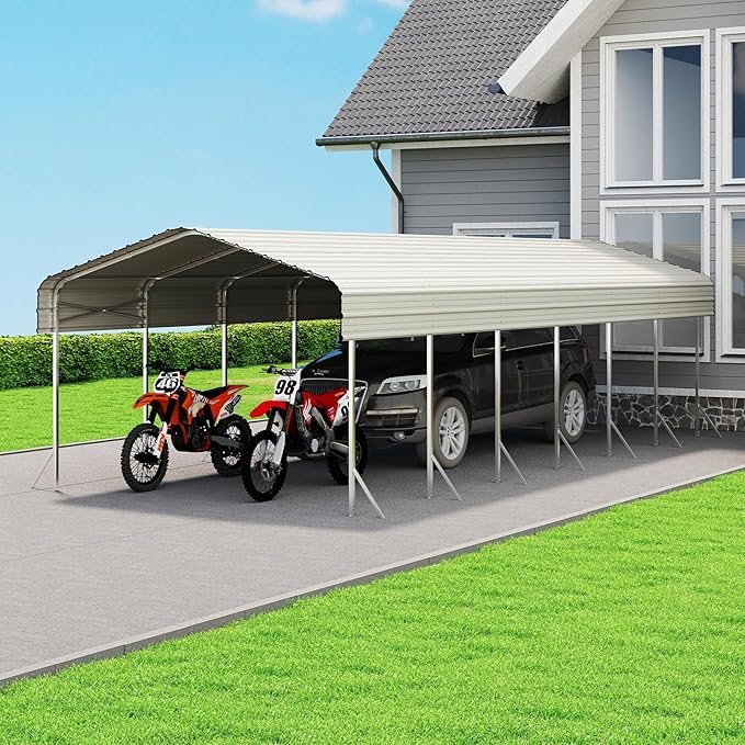 14x30' Heavy Duty Metal Carport – Sturdy Structure, All-Weather Protection, Easy Assembly for Cars, Trucks, Boats, Tractors, and Outdoor Storage (White, 14x30FT)