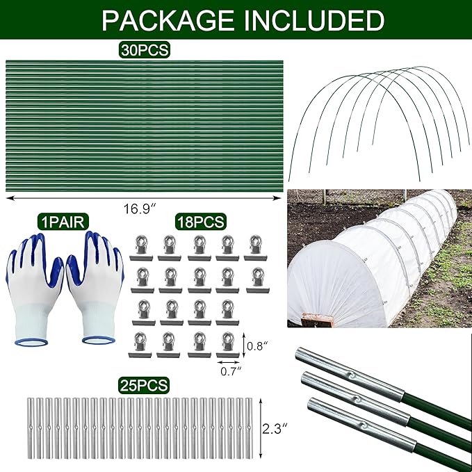PHYEX Garden Hoops Greenhouse Hoops for Row Covers & Raised Beds, Rust-Free Fiberglass Frame, DIY Adjustable Garden Tunnel with Clips for Plant Covers, Netting, & Frost Protection, 30pcs