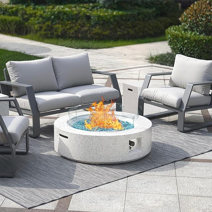 NAGA HABNA 41 Inch Propane Fire Pit Table, Rectangle Outdoor Fire Table w Tank Table (50,000 BTU), 3 Piece Gas Fire Pit w Glass Wind Guard and Blue Fire Glass for Garden, Pool, Backyard