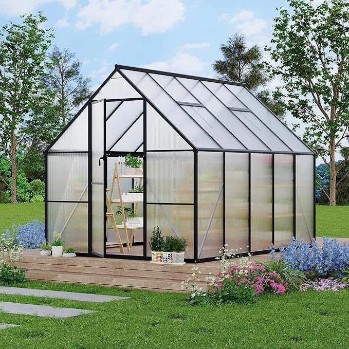 Aluminum Polycarbonate Greenhouse for Outdoors, Large Walk-InGreenhouse with Quick Setup Structure and Roof Vent, Greenhouse with Ventilation and Rain Gutter