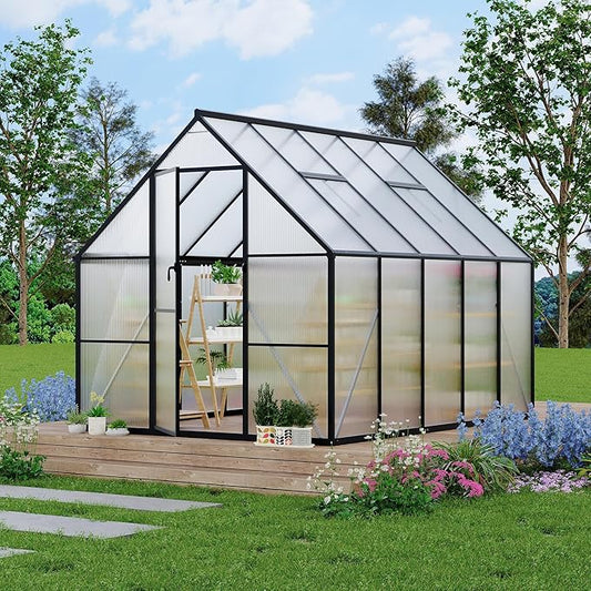 8'x10' Aluminum-Framed Polycarbonate Greenhouse, Heavy Duty Polycarbonate Greenhouse with Quick Setup Structure and Roof Vent, Large Enhanced Aluminum GreenhouseKit for Outdoors