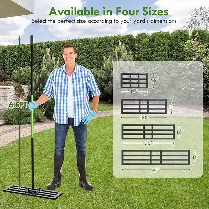 Seeutek Lawn Leveling Rake, 30” x 10” Lawn Leveler with 6.5FT Handle Rakes for Lawns, 0-180° Adjustable Ground Leveler Tool for Yard, Level Soil Sand Dirt Surfaces