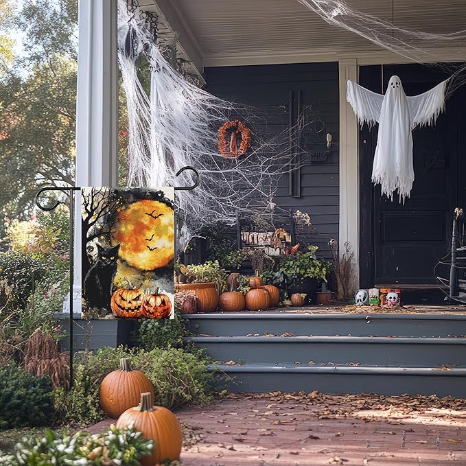 Black Cat Halloween Garden Flag for Outside, 12x18 Inch Double Sided Halloween Black Cat Pumpkin Bats Yard Flag, Farmhouse Small Yard Flags for Outdoor Decorations, Holiday Decor Gifts-A15