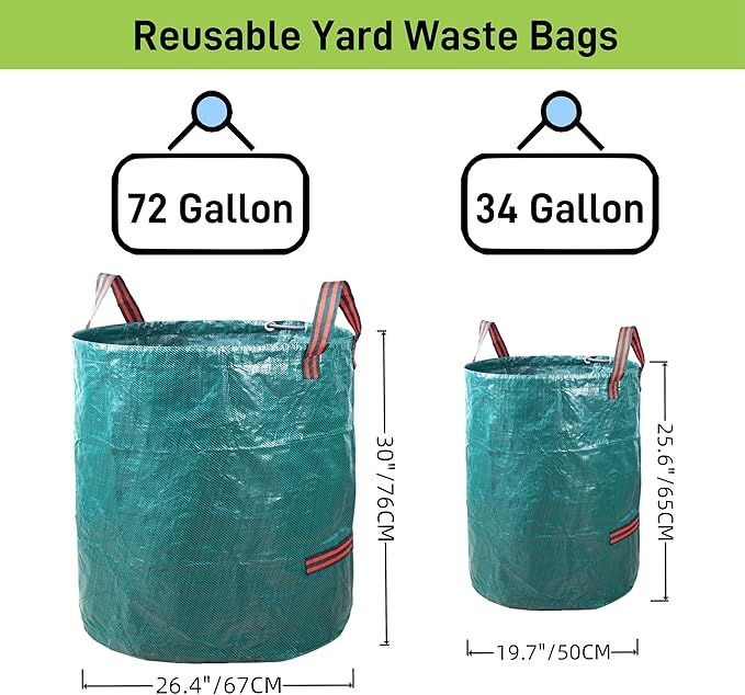 1x72Gallons+2x34Gallons (Free Gloves) Leaf Garden Bags,Reusable Heavy Duty Yard Waste Bag Set,Standable Design and Reinforced 4 Handles for Garden,Lawn,Leaf,Grass,Debris,Camping