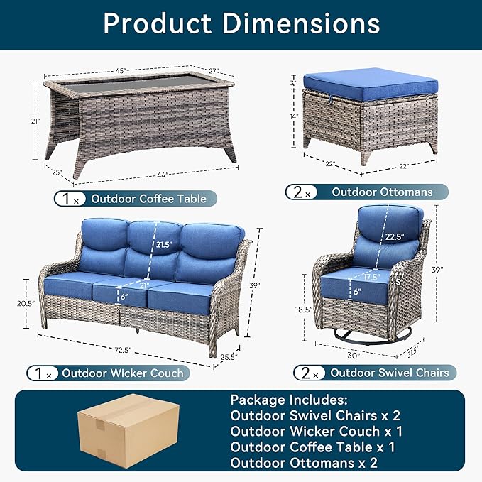 Luxury High Back Outdoor Furniture with 6-Inch Thick Cushions, Patio Furniture Set with Swivel Chairs, 6 PCS Wicker Conversation Set for Porch, Balcony, Deck and Yard