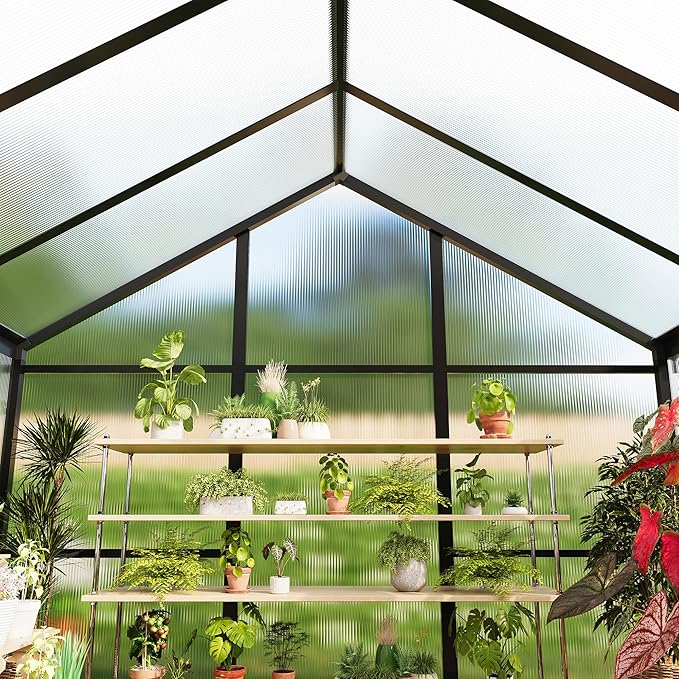 8x12 FT Greenhouse for Outdoors, Polycarbonate Flower Greenhouse with Roof Vent, Push-Pull Lockable Door, Aluminum Walk-in Greenhouses for Outside Garden Backyard, Patio, Lawn, Black