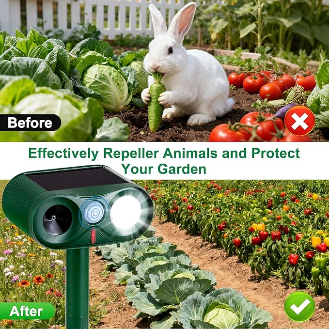 4Pack Solar Ultrasonic Animal Repeller with Strobe Light – for Gardens, Farms and courtyards Outdoor Deterrent for Raccoons, Deer, Squirrels, Cats, Skunks & Foxes