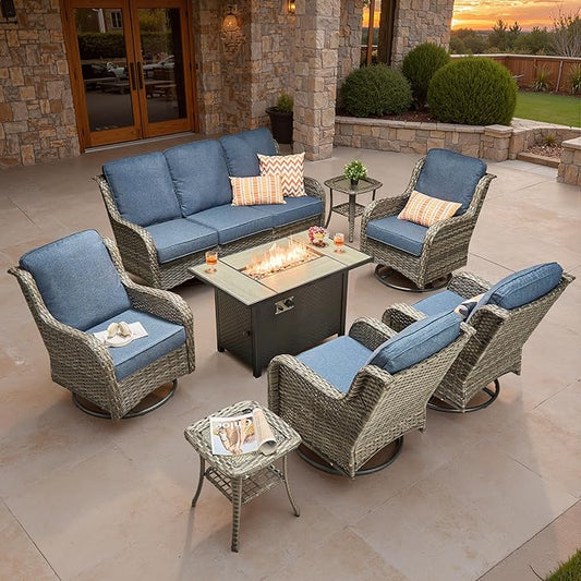 ovios 8 Pieces Patio Furniture Set, Outdoor Wicker Sofa Couch with Swivel Chairs 42" Fire Pit Table, All Weather High Back Modern Conversation Sets, Grey Rattan, Denim Blue