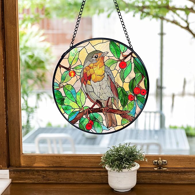 TNUW Bird Stained Glass Window Hanging, Bird Botanical Sun Catchers Indoor Window Glass Round Wall Art Decor, Birds Lover Gifts Wall Hanging Decorations, 7.9＂x7.9＂