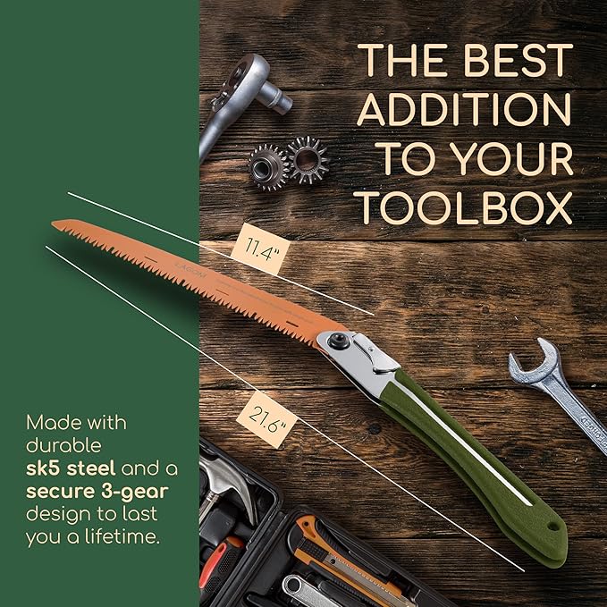 LAGOM Folding Camp Saw for Cutting Branches, 11.4" Straight Blade | SK5 Steel, Ergonomic Handle, One-Hand Use, Secure Lock | Foldable Pruning Tool for Camping, Gardening, Survival, Kayaking, Outdoors