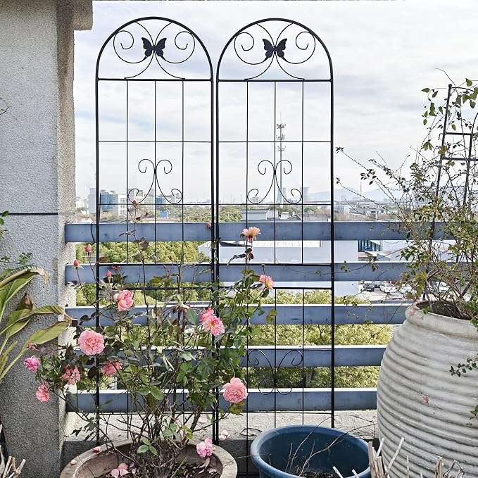 4 Pack Metal Garden Trellis for Climbing Plant Rose Stand, Black Outdoor 86.7'' Tall Flower Support Iron Garden Fence,Black 4pack
