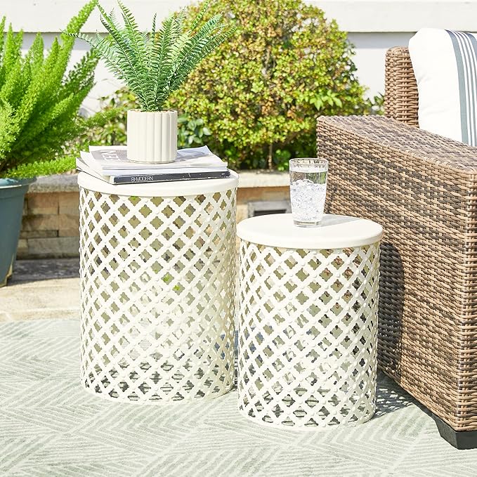 Glitzhome Outdoor Side Table Set of 2, Decorative Garden Stool for Indoor Outdoor Heavy Duty Metal Frame Accent Table Modern End Table, Glossy White