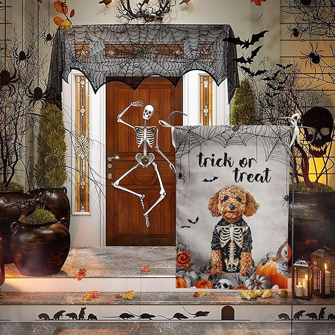 Halloween Golden Doodle Garden Flag Trick or Treat Yard Flag Ghost Dog Garden Flags for Outside 12x18 Double Sided Small Dachshund Skeleton Halloween Decor Outdoor Lawn Welcome Flag