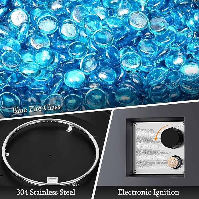 UPHA 42-inch Outdoor Propane Gas Fire Pit Table 50000 BTU Iron Round Firepit for Outside Patio with Tank Hidden Table, Wind Guard, Removable Lid, Blue Glass Rocks, Rain Cover, Dark Grey