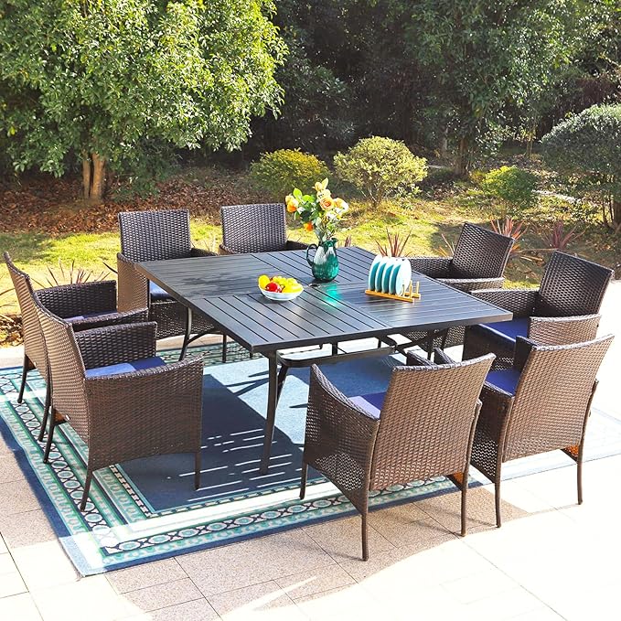 Sophia & William 9 Pieces Patio Dining Set for 8, All Weather Square Metal Patio Table and Wicker Chairs Set, Large Outdoor Dining Set for Outside, Black Tabletop
