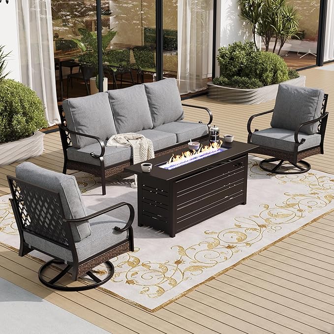 4 Piece Black Metal Outdoor Patio Furniture Sets with Firepit Table, Patio Conversation Sets 1 3-Seater Sofa, 2 Swivel Sofa with 5.75" Thick Cushion Backyard Furniture for Deck, Gray