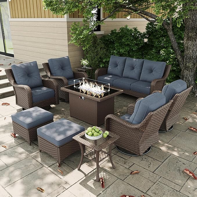 10 Pieces Outdoor Patio Furniture Sets with Rocking Swivel Chairs with 6-inch Thick Cushion and Fire Pit Table for Deck Lawn