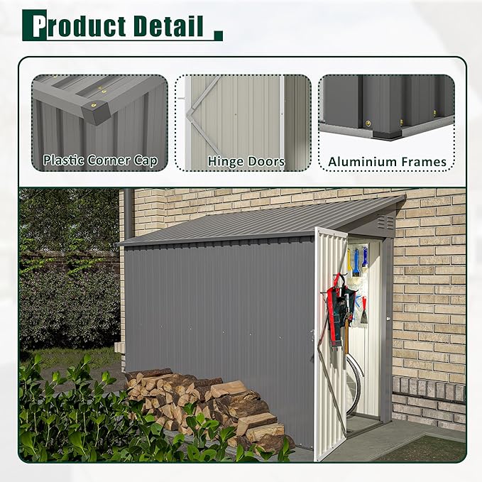 4×8 FT Outdoor Metal Storage Shed,Heavy-Duty Lean to Storage Shed with Floor Base,Garden Tool Metal Storage House W/Lockable Door and 2 Air Vents,Weather Resistant,for Backyard,Patio,Lawn,Gray