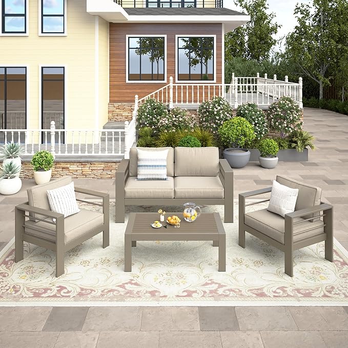 Wisteria Lane 4-Piece Outdoor Patio Furniture Set, Outdoor Sectional Furniture with Upgraded Cushions, Outdoor Conversation Seating Set for Balcony, Garden, Deck, Backyard, Khaki