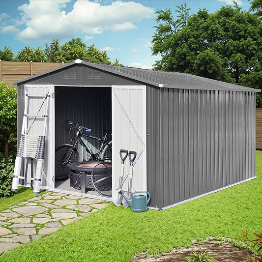 Sheds & Outdoor Storage 12 ft × 10 ft Storage Shed Large Classic Apex Roof Metal Garden Storage Sheds with Hinged Door Tool Cabinet for Backyard, Patio, Poolside, Gray
