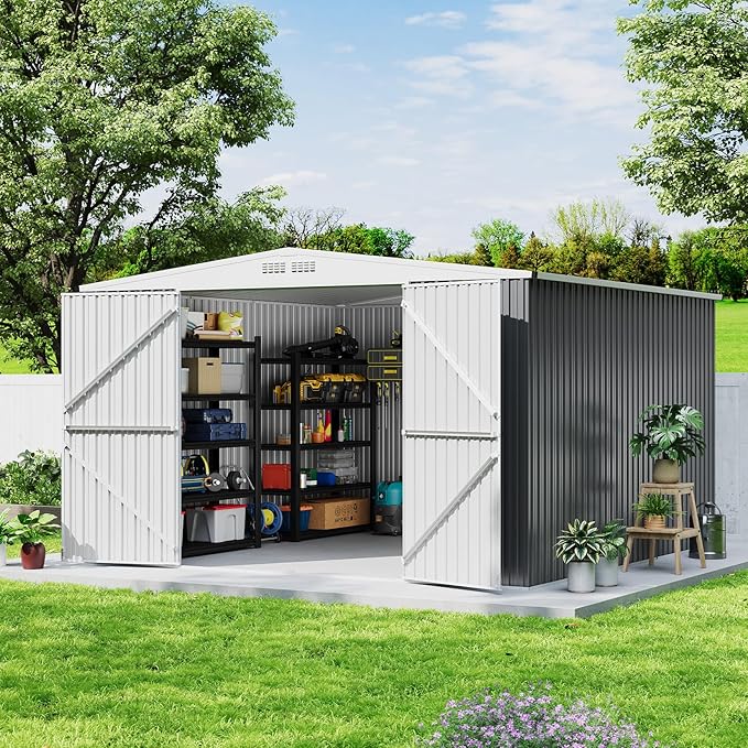 9x12 Shed for Outdoor Storage, Galvanized Steel Metal Tool Sheds House with Lockable Doors, Lock & Air Vent, Large Utility Sheds for Patio Garden Lawn (9x12.6, Grey)