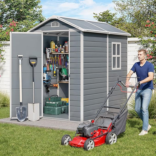 Gizoon 6x4 FT Outdoor Storage Shed with Floor, Resin Garden Tool Shed with Lockable Doors, Window, Vents, Reinforced Steel Frame, Waterproof Plastic Storage Sheds for Backyard, Patio, Lawn