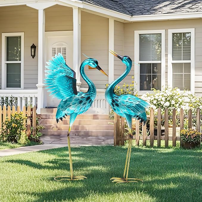 Autodaya 36.75" Metal Crane Garden Statue, Handcrafted Oversized Blue Heron Decor Sculptures with Stable U-Ground Stakes, Backyard Decoration, Metal Garden Bird Animal Yard Art, Lawn Ornament Decor
