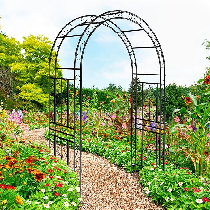Metal Garden Arch 90" H Garden Arbor Trellis Climbing Plants Support Pattern Arch Outdoor Lawn Wedding Party Events Archway Black