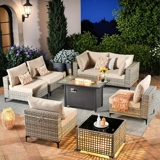 Outdoor Sectional Patio Furniture Set with Fire Pit Table and Glowing Table,8 Pieces Wicker Conversation Sets L Shaped Couch Out Door Sofa Set Outside Furniture for Garden Deck Yard,Beige