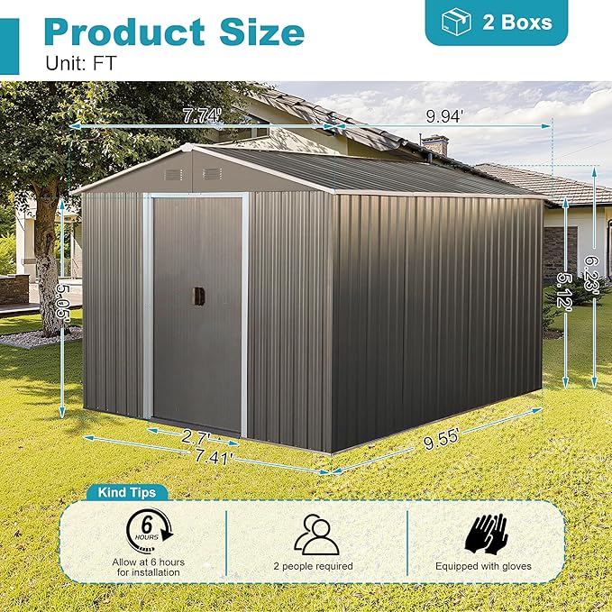 Sheds & Outdoor Storage 8ft x 10ft Metal Storage Shed with Metal Foundation, Gloves, Anchors, Tools Garden Tool Storage Cabinet with Secure Sliding Doors with Padlock for Backyard, Patio, Gray