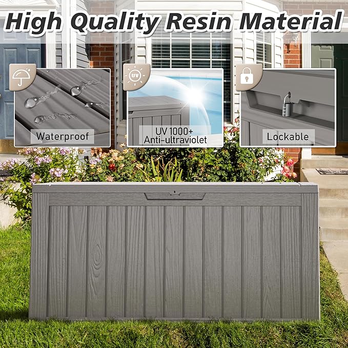 NUNU LAB 76 Gallon Deck Box, Large Resin Outdoor Storage Box, Waterproof Patio Storage Container with Double Wall Panels for Cushions, Garden Tools, Pool Toys, and Packages,Grey