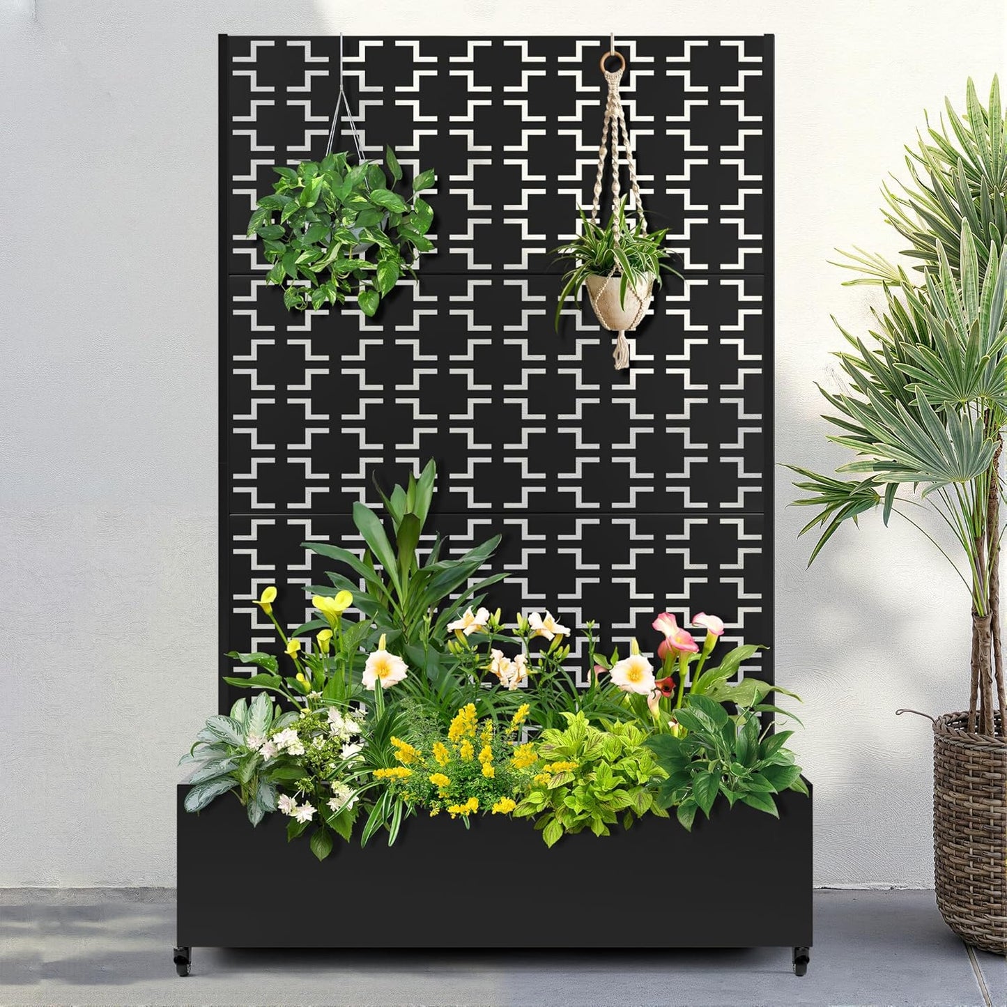 FENCY Metal Raised Garden Bed with Wheels and Trellis,73"x47"x16" Planter Box for Climbing Plants, Vegetables & Vines, Features Privacy Screen and Drainage Holes (Black-Square)