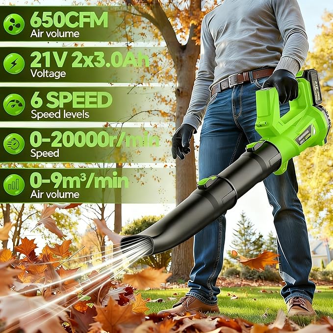 ELRINA Leaf Blower Cordless with 2 x 3.0Ah Batteries and Charger, 6-Speed Mode Lightweight Electric Blowers for Lawn Care, Yard Cleaning, Blowing Leaves, Dust, Snow Green, with Shoulder Straps