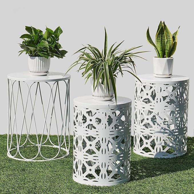 Y&M Set of 3 Stacking Coffee Table for Living Room, Round Metal Coffee Table, Indoor End Tables, Outdoor Garden Stool with Heavy Duty Metal Frame Modern Industrial Decor - Pure White (Ship from US)