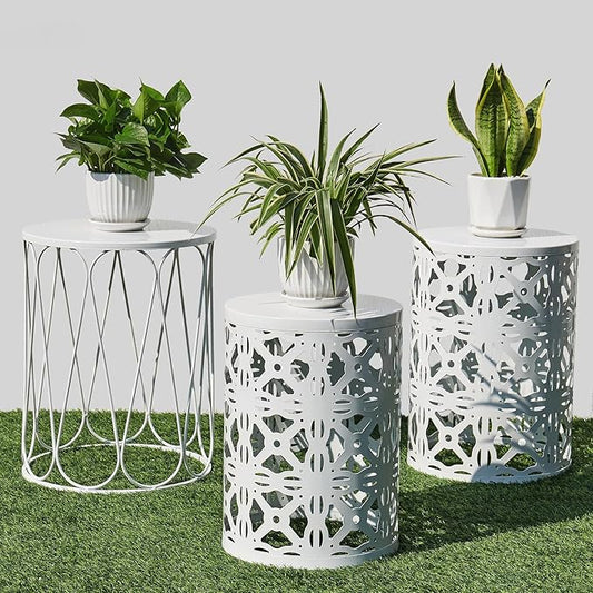 Y&M Set of 3 Stacking Coffee Table for Living Room, Round Metal Coffee Table, Indoor End Tables, Outdoor Garden Stool with Heavy Duty Metal Frame Modern Industrial Decor - Pure White (Ship from US)