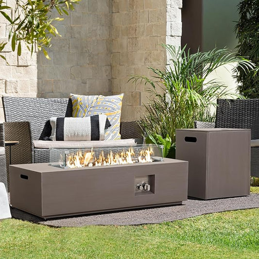 42’’ Propane Fire Pit Table Set with Tank Holder, CSA Certifed 50,000 BTU Outdoor Firepit Table, Wind Guard & Glass Stones, Smoke-Free Rectangular Fire Table for Garden Porch Backyard - Extra Cover