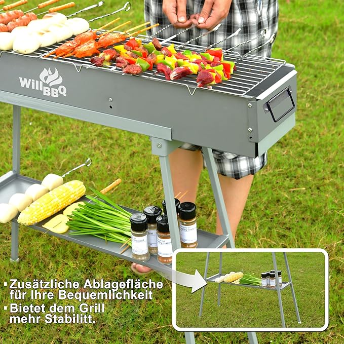 Charcoal Grills Commercial Quality Portable Multiple Size Hibachi BBQ Lamb Skewer Folded Camping Barbecue Grill for Garden Backyard Party Picnic Travel Outdoor Cooking Use(31.6x10.3x5.1 inch)