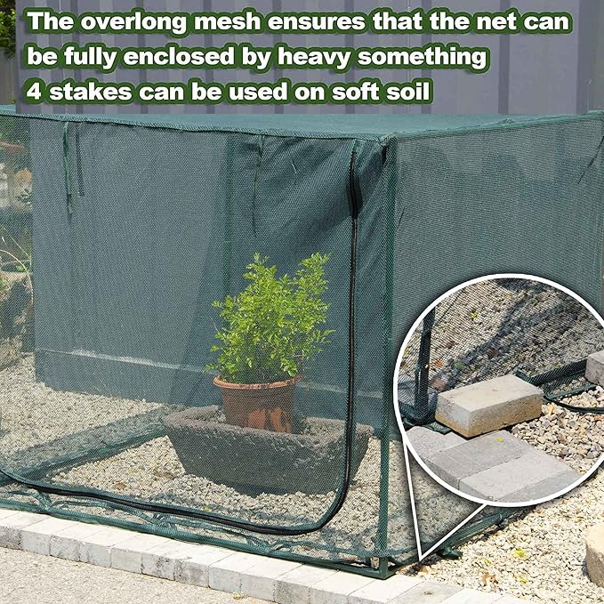 Square 4'x4' Netting Cover 3.3FT Tall Crop Cage Pest Guard Cover for Vegetables Fruits Durable Plant Garden Net with 4 Stakes