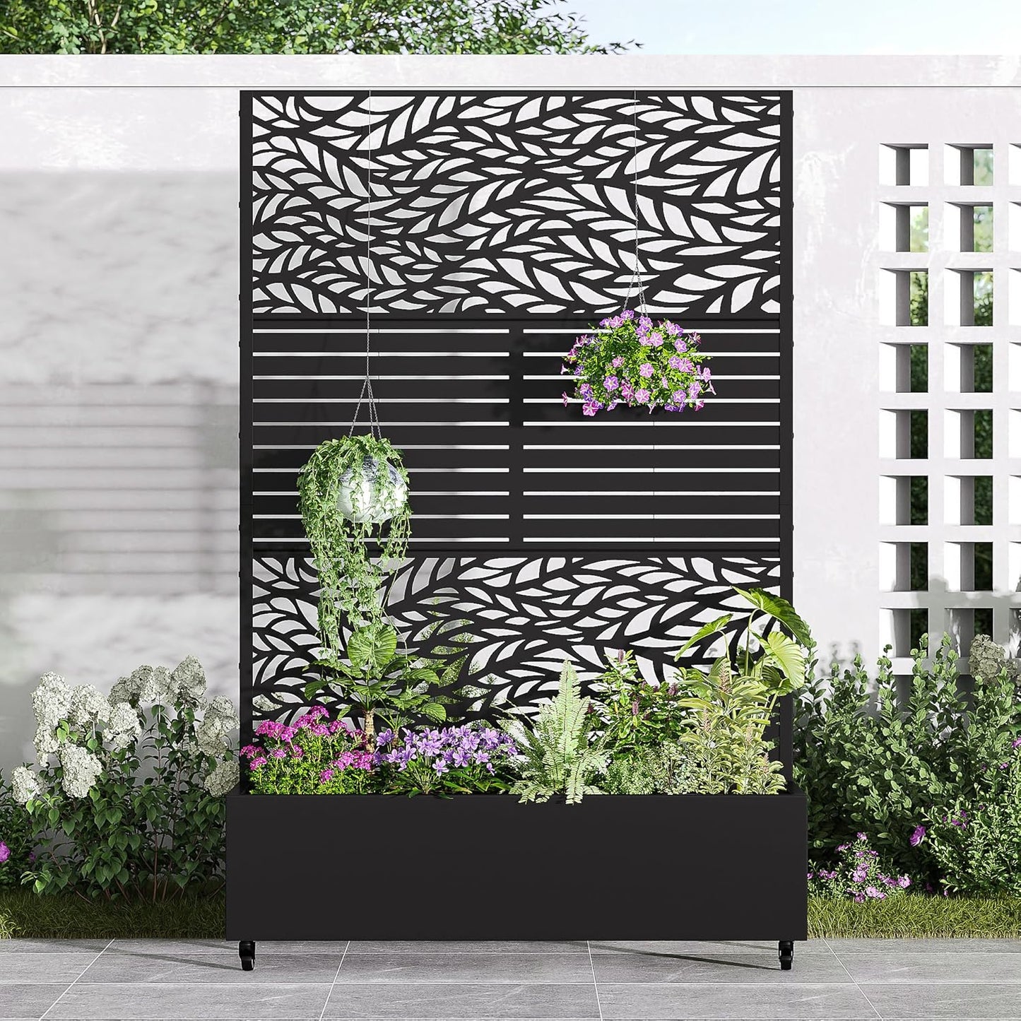 Casaphoria Metal Raised Garden Bed with Trellis and Wheels, 72"x47"x16" Planter Box for Climbing Plants, Vegetables & Vines, Features Drainage Holes and Privacy Screen, Black(Spring&Louvered)