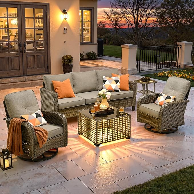 ovios 5 Pieces Patio Furniture Set, Outdoor Wicker Sofa Couch with Rocking Swivel Chairs Solar Lights Table, Modern Deep Seat Rattan Conversation Sets for Porch Deck, Dark Grey