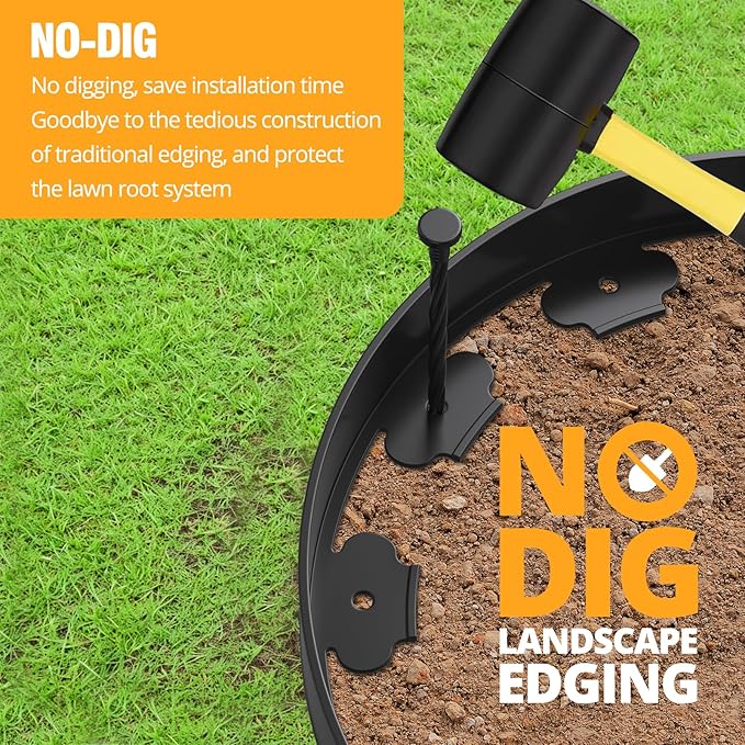 33FT No-Dig Landscape Edging, Heavy Duty 2 Inch Tall Plastic Garden Border with 30 Anchoring Spikes (Black)