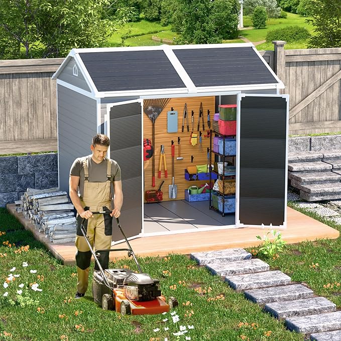 Outdoor Resin Storage Shed 8x6x7 FT Sheds Kit with Floor Included 2 Windows Double Lockable Door,Waterproof Outside Plastic Sheds for Backyard Garden Patio Lawn Tools